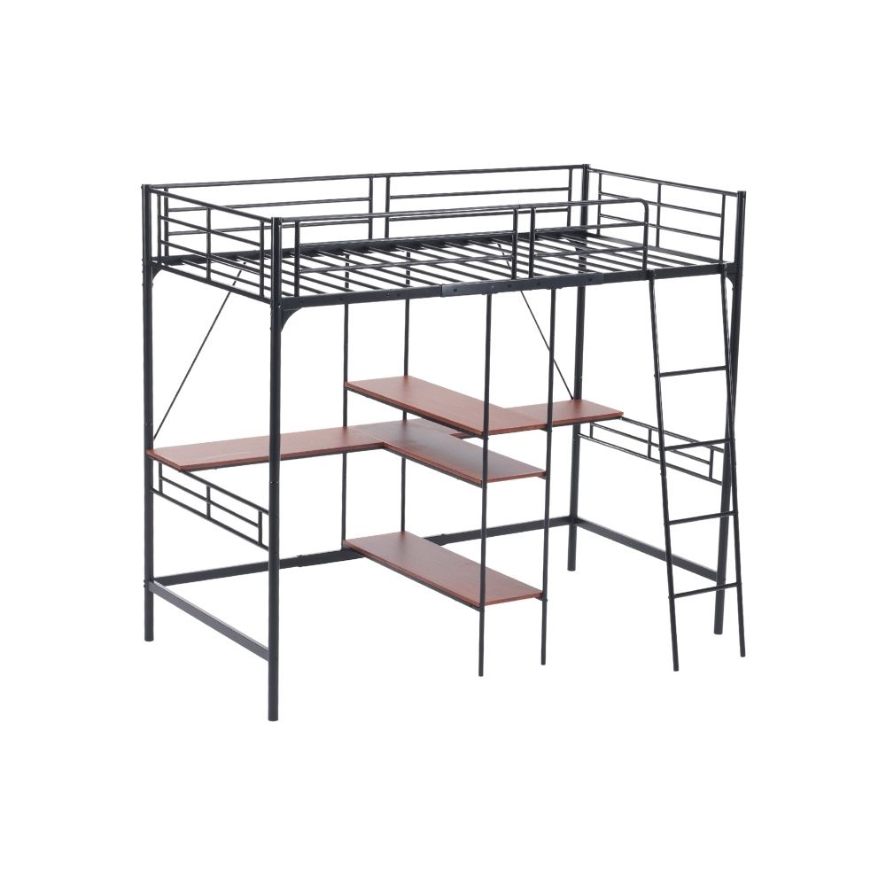 ロフトベッド シングル 収納棚付き 北欧風 木目 子供ベッド 大人ベッド 一人暮らし スチール 耐震 ベッド ブラック