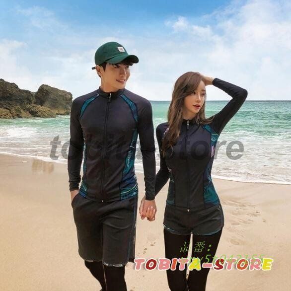ラッシュガード 水着 ペア水着 水着ペアルック ジップアップ みずぎ スポーツウェア 日焼け防止 長袖 ハーフパンツ 上下セット 夏 スイムウエア UVカット vry5t042155