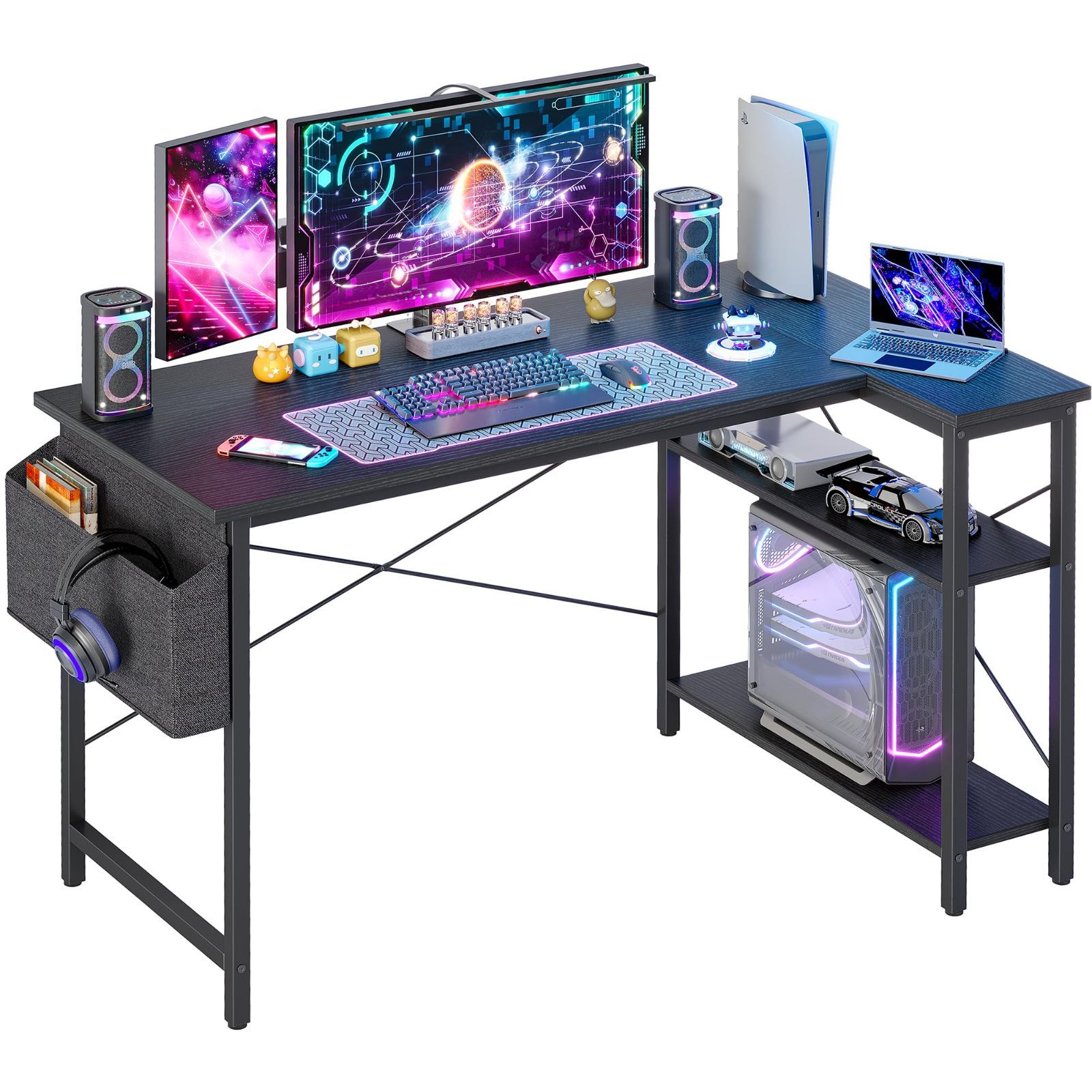 仕事 遊び 勉強 ワークステーション 大型リバーシブル収納棚付き ホームオフィス用 小型ライティングテーブル オフィスデスク 収納バッグ付き パソコンデスク ブラック 120x70cm L字型ゲーミングデスク TIQLAB ティクラブ