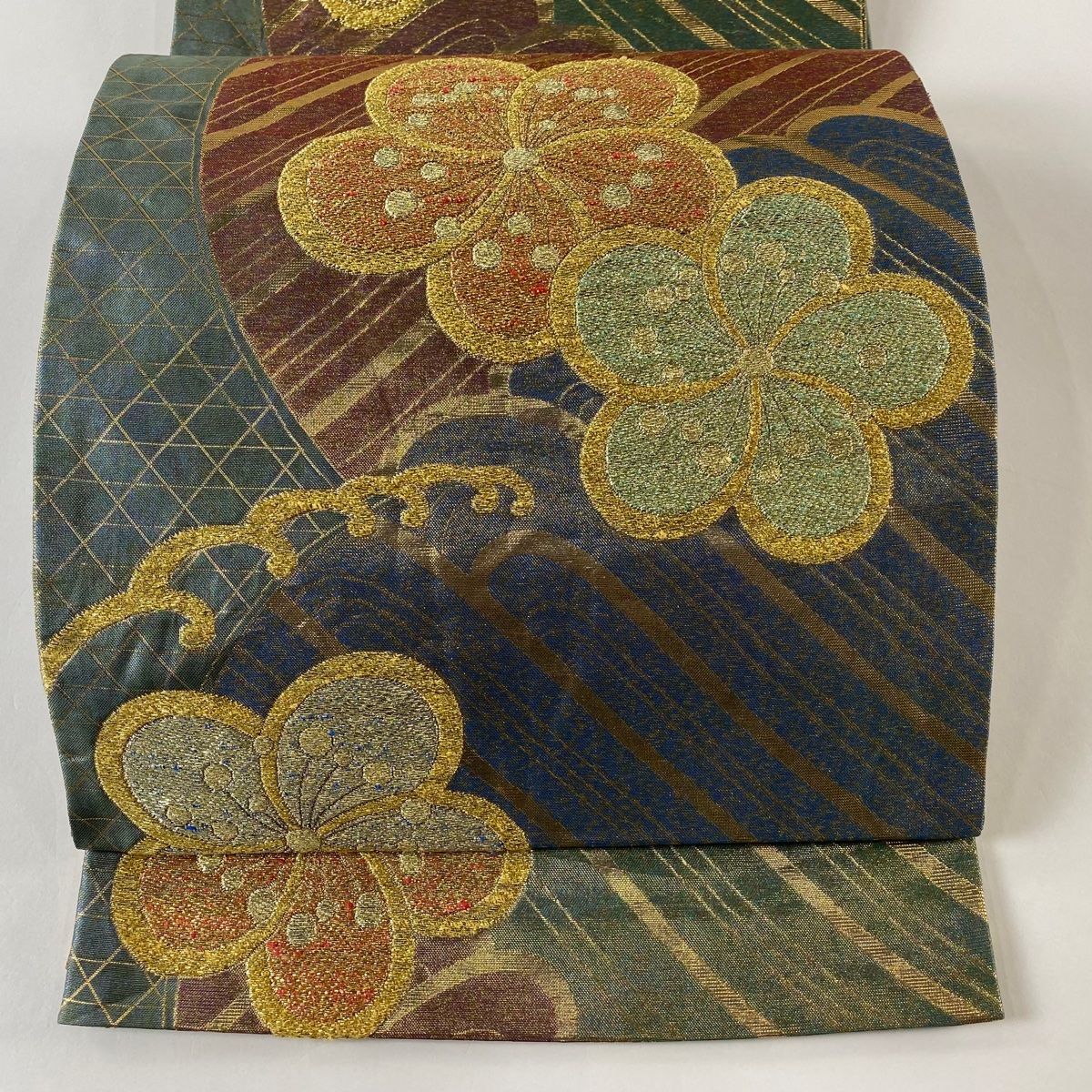 袋帯 秀品 振袖向き 梅 波頭 箔 青灰色 六通 正絹 【中古