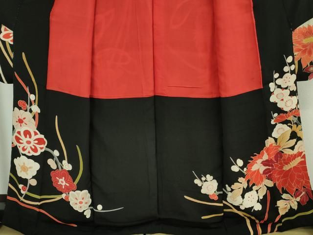 平和屋着物□極上 アンティーク 大正ロマン 振袖 刺繍 檜扇花薬玉 黒地