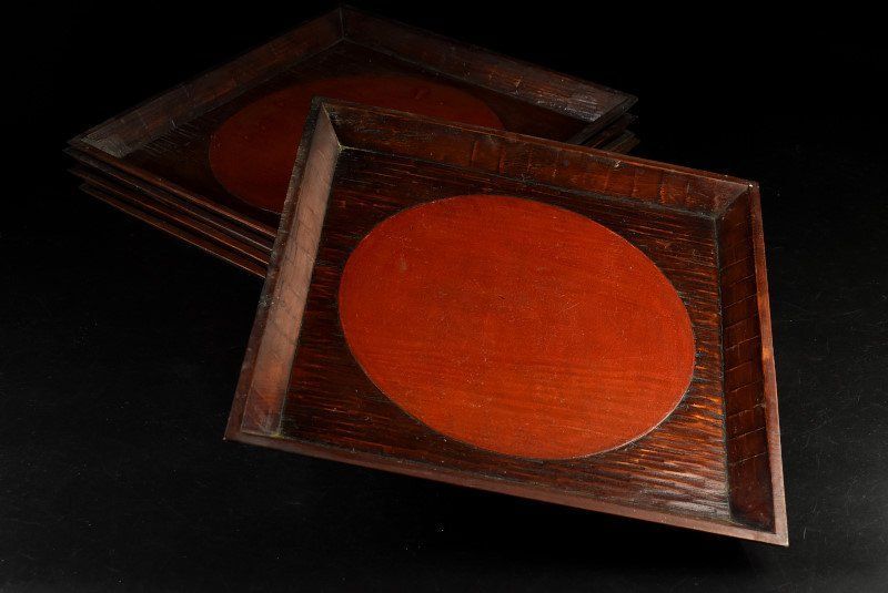 蔵A3468c 民藝 讃岐 後藤塗 日の丸盆 五客