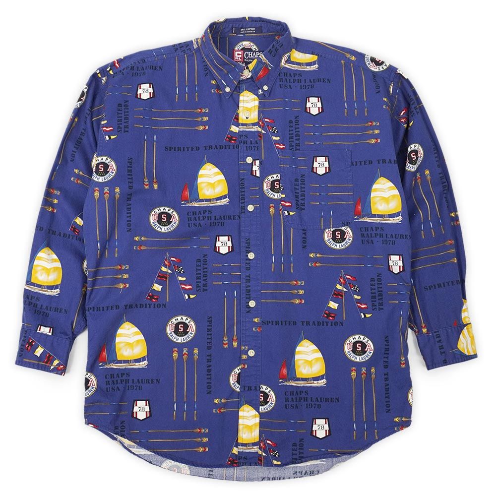 チャップスラルフローレン CHAPS RALPH LAUREN 90's 90年代 ボタンダウンシャツ BD セーリング 長袖 旧タグ 珍品 POLO ポロ USA ヴィンテージ アメリカ古着 メンズ シャツ ネイビー系 総柄 L【中古】