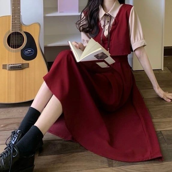 新品】レトロガーリー♡レイヤード風リボンタイワンピース