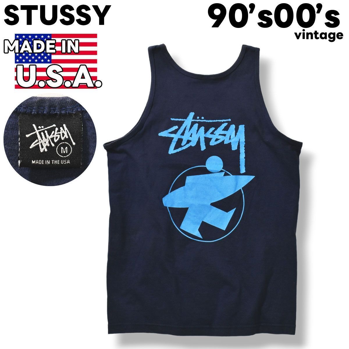 【良品】ステューシー　タンクトップ　USA製　オールドステューシー　サーフマン 90s00s USA製 オールド ステュ―シー STUSSY サーフマン プリント