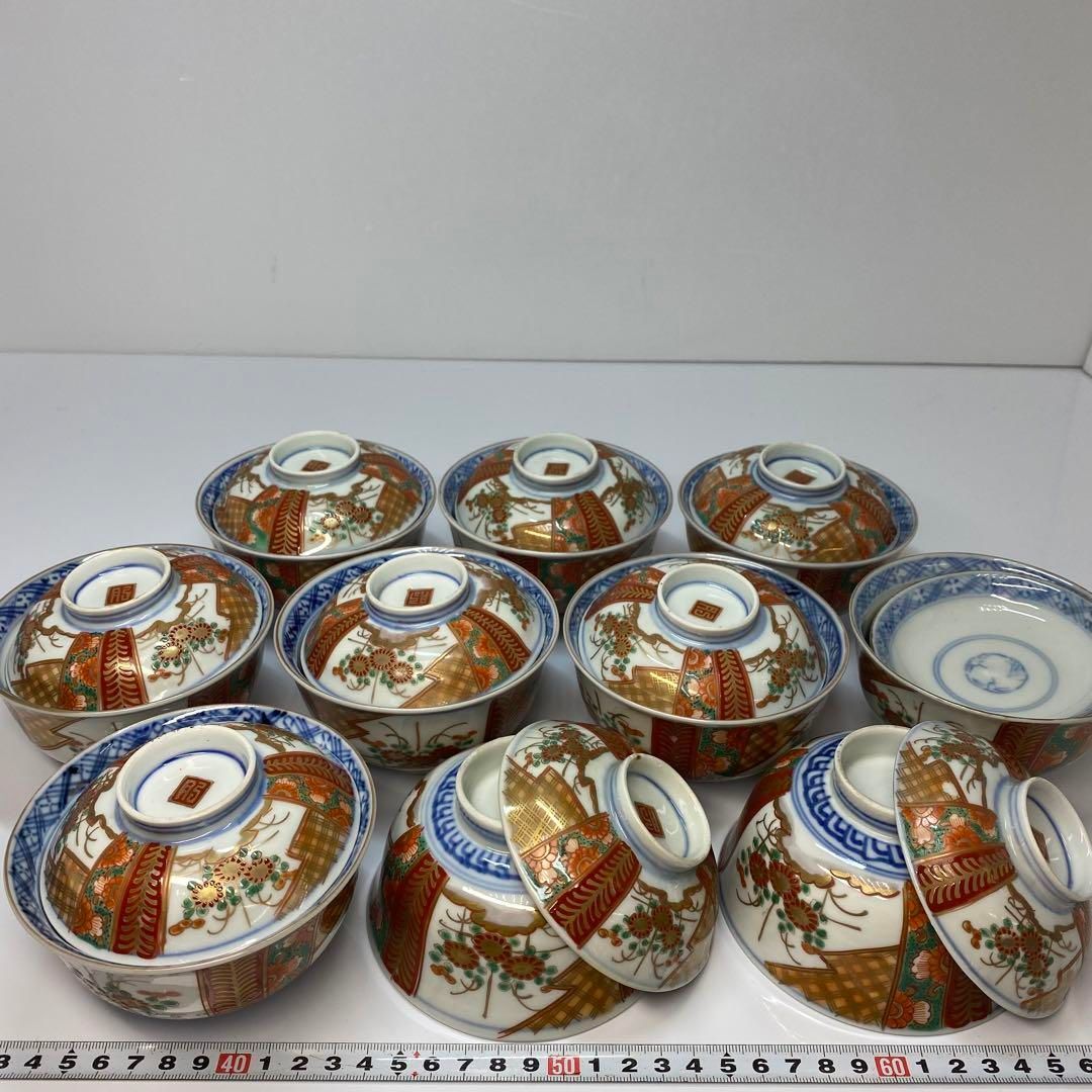 古伊万里 染錦 蓋茶碗10客 直径10.8cm 東H6-0531 タカチ