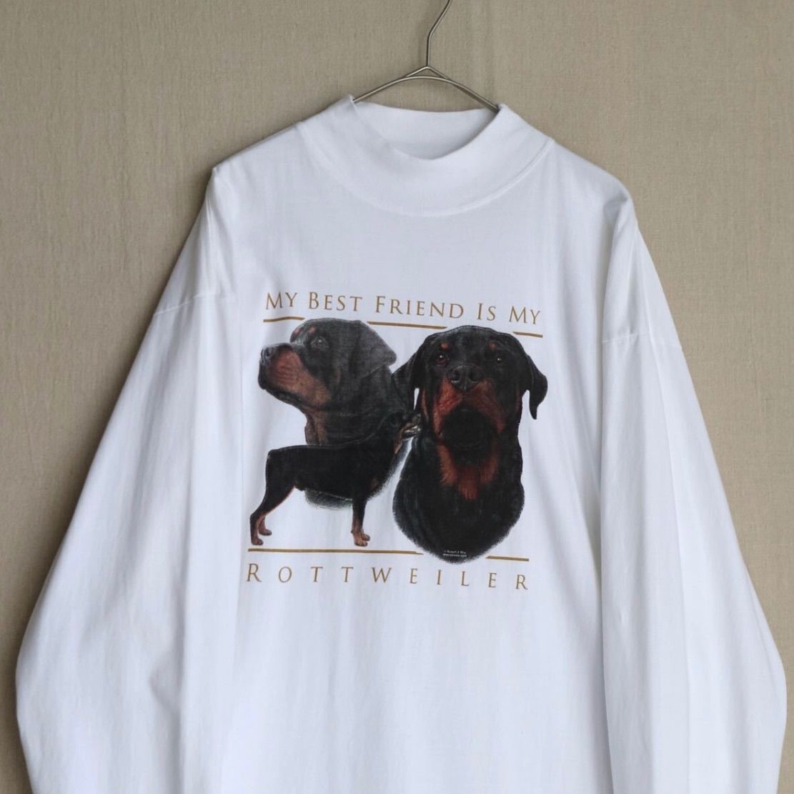 XXL USA モックネック ロンT | コットン ホワイト プリント イラスト 動物 犬 長袖 カットソー ビンテージ T5-06011-9277