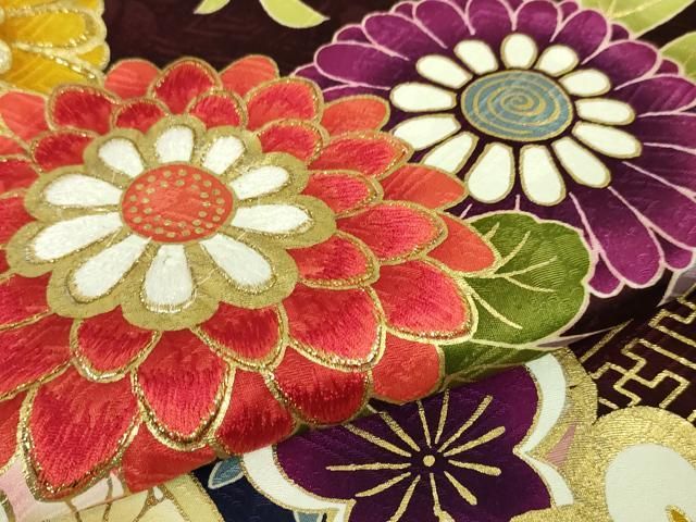 平和屋本店□極上 振袖 刺繍 笹竹 雲取り鴛鴦花文 金彩 逸品