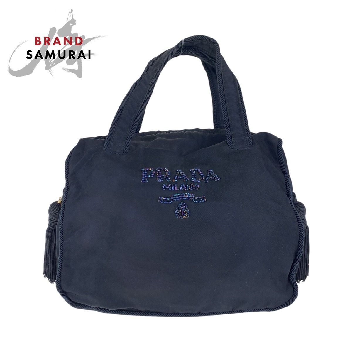 美品 PRADA プラダ テスート ビジュー フリンジ ネイビー ゴールド金具 