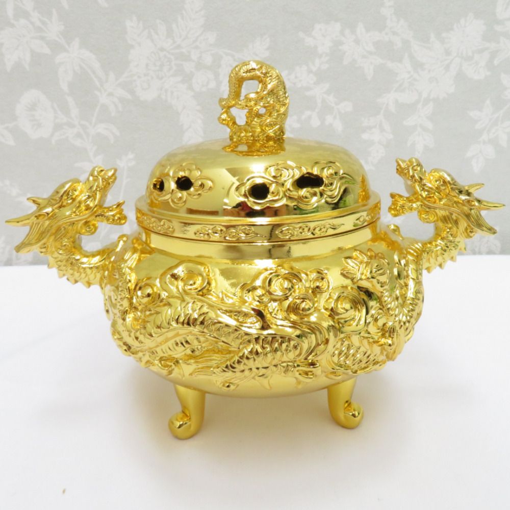 骨董・民芸品 高岡銅器 瑞雲作 龍神香炉 香爐 香炉 三つ足 純金メッキ 