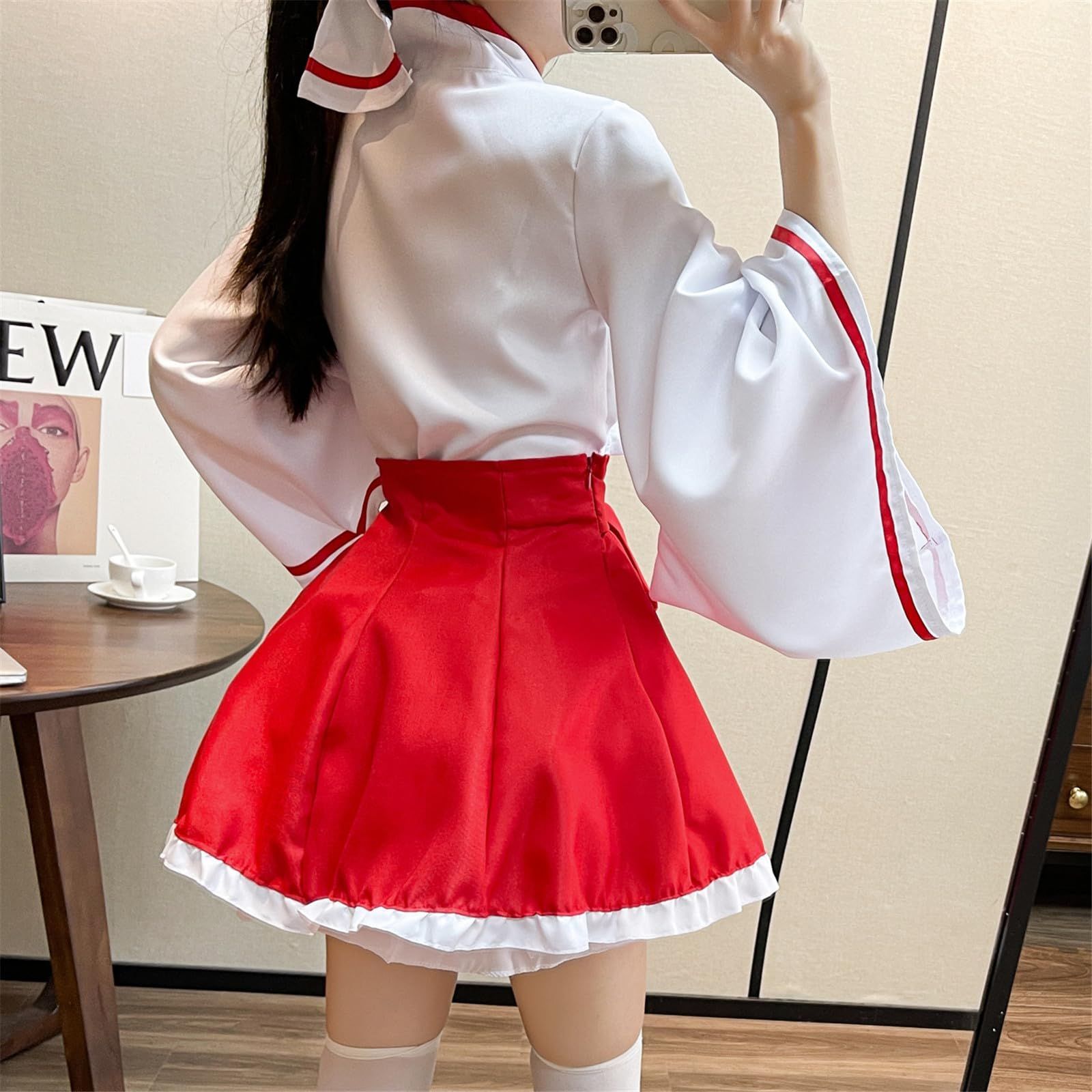 【数量限定】ゆったり レディース 可愛い 和服 蝶結び 和風 コスプレ ハロウィン 神社巫女 コスチューム 仮装 巫女服 学園祭 白 夢のなかの 赤 [LanBuff] 衣装