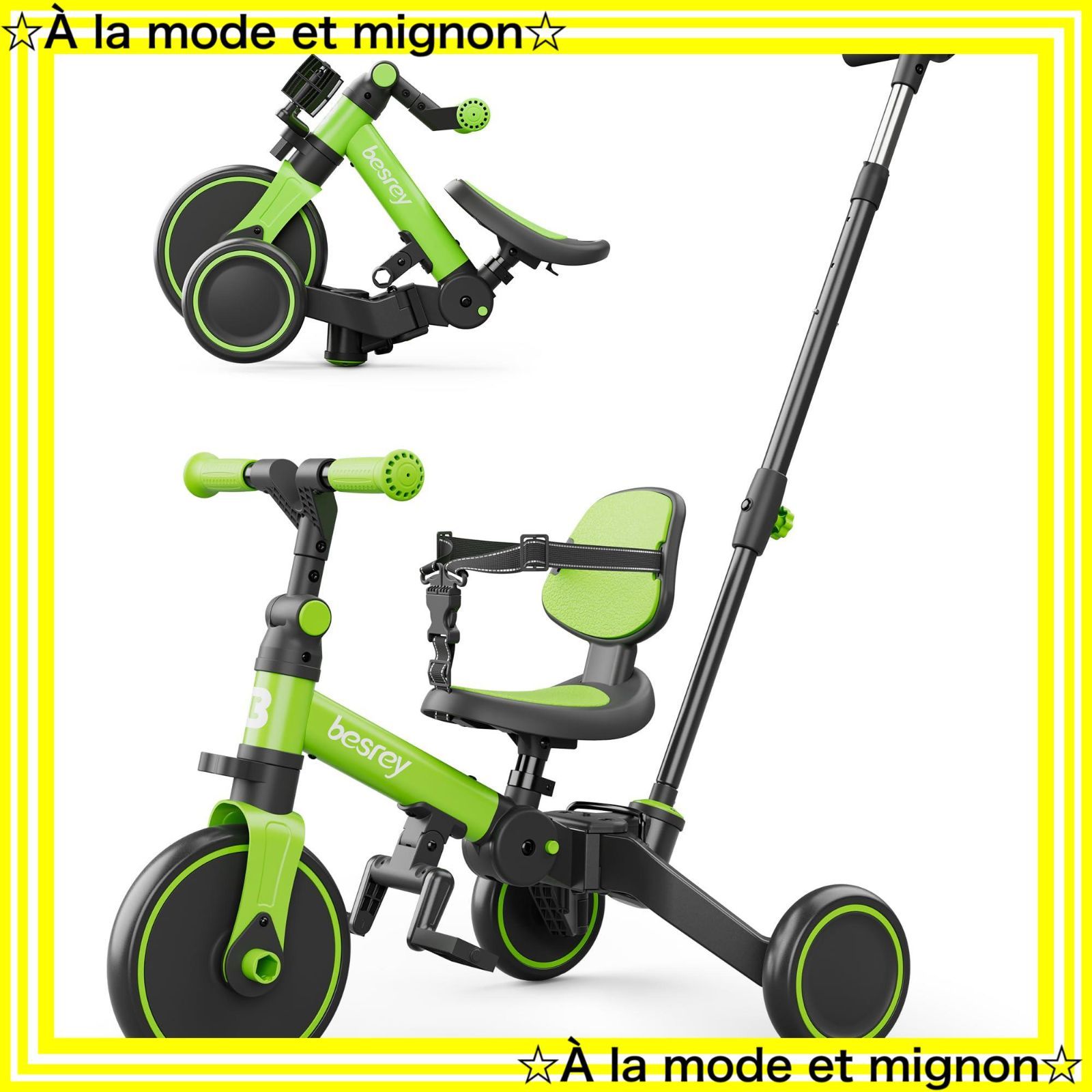 自転車 ランニングバイク 乗用玩具 3歳 2歳 幼児用 1歳 キッズバイク 5in1 手押し棒 プレゼント かじとり ギフト 折りたたみ 子供用三輪車 グリーン 三輪車