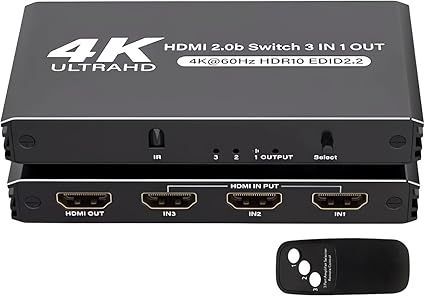 HDMI 切替器 3入力1出力 4K@60Hz HDMI セレクター アルミニウム合金製 HDMI スイッチャー3ポートHDMI ハブ 拡張  電源不要/リモコン付き1080P @144Hz HDCP 2.2/HDMI 2.0 HDR 3D - ネット特売