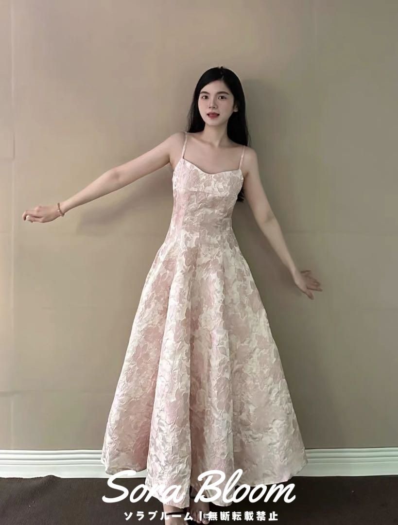 新品未使用パステルピンク花柄ロングドレス 結婚式 パーティー