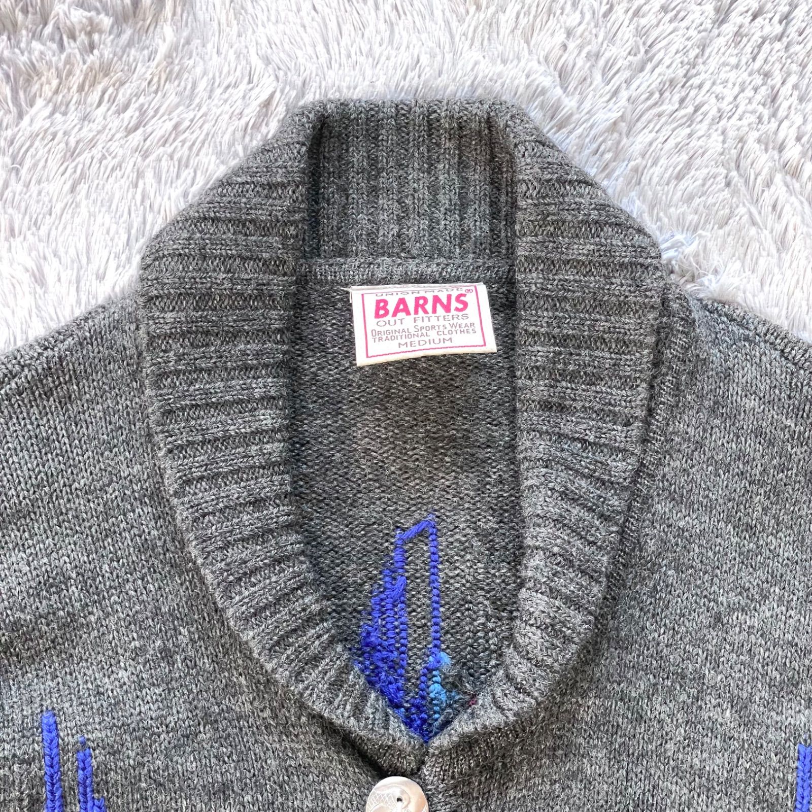 古着 BARNS OUT FITTERS バーンズアウトフィッターズ ジャガードニット ジャケット カーディガン 羽織 ネイティブ 厚手 コンチョ 銀ボタン ウール 秋冬 アメカジ グレー