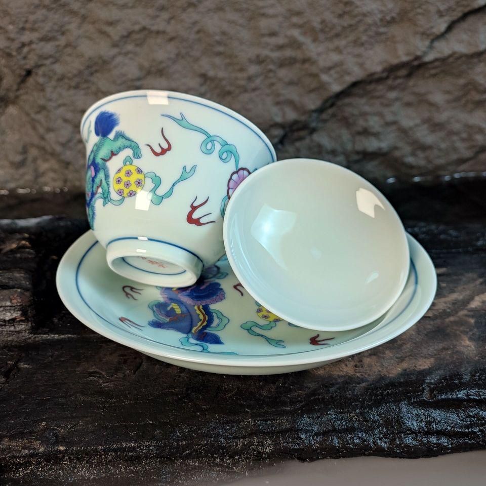 中国茶器 闘彩獅子三才蓋碗 茶器 茶道具 煎茶器 新品未使用