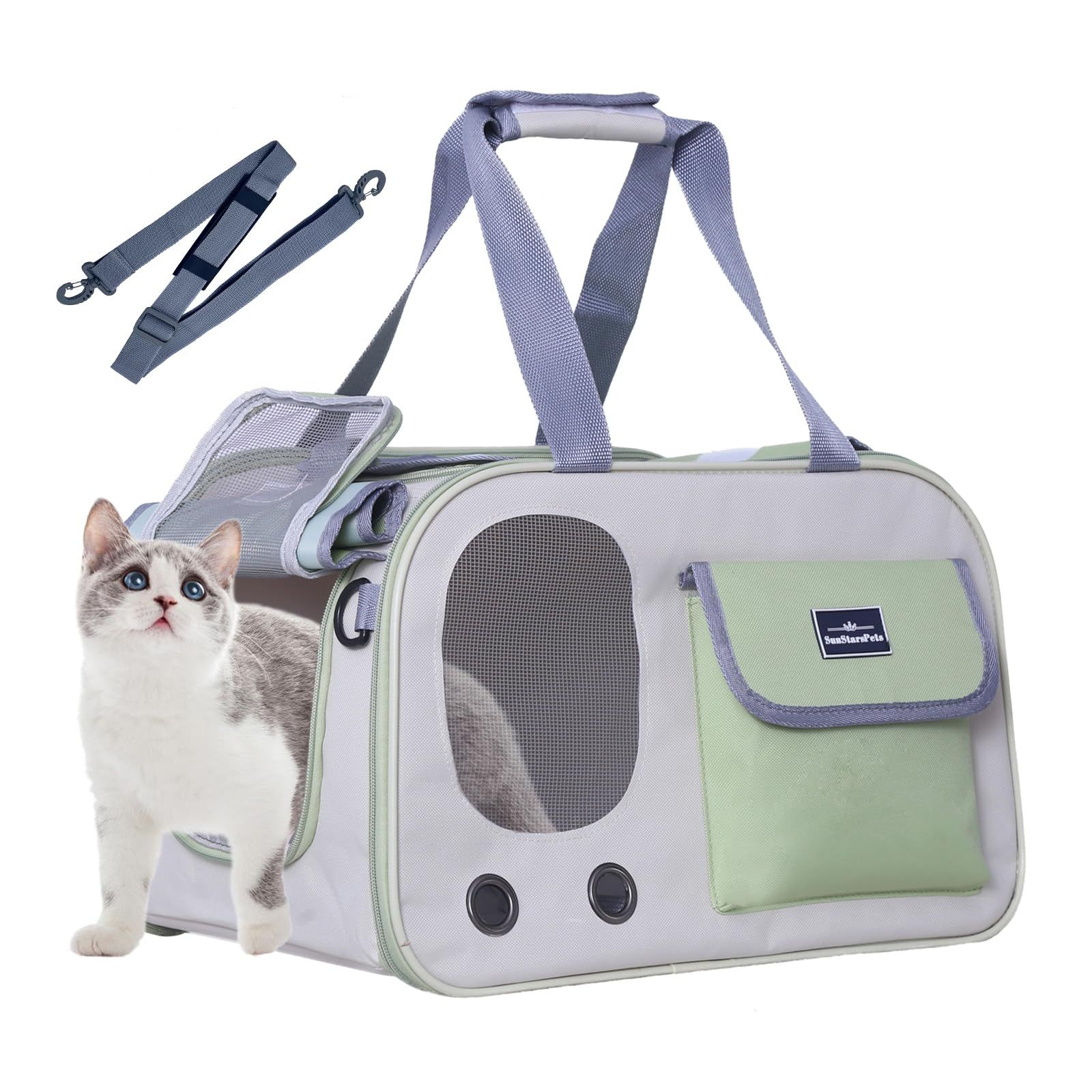 SunStarsPets ペットキャリー 猫・小犬・ウサギ用 持ち手補強 折りたたみ式 カーテン付き 変形しない 折りたたみ式 お出かけ ドライブ 旅行 通院 防災 避難用 飛び出し防止 通気性 洗えるマット軽量 ベルト脱着可 大容量 耐荷重8Kg (グリーン