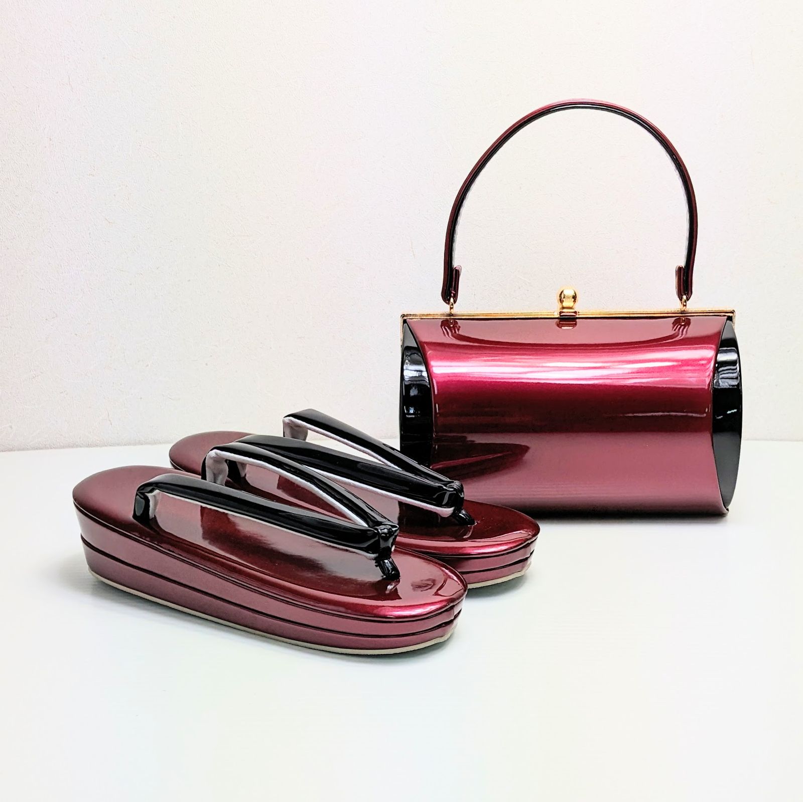 和装 草履バッグセット 振袖用 エナメル エンジ 黒 フリーサイズ w 18 3