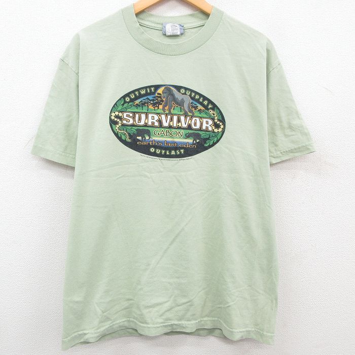 L/古着 半袖 ビンテージ Tシャツ メンズ 00s ゴリラ SURVIVOR コットン クルーネック 薄緑 グリーン 23mar22 中古