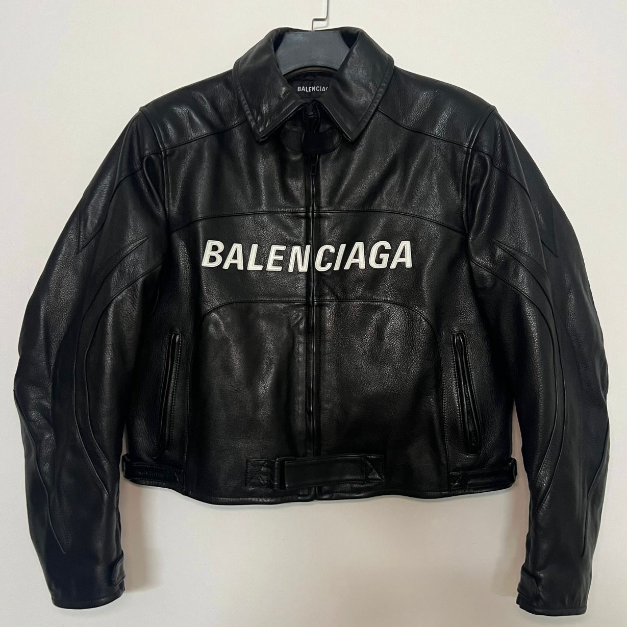 BALENCIAGA 19AW オーバーサイズ ロゴ ショート レザーバイカージャケット