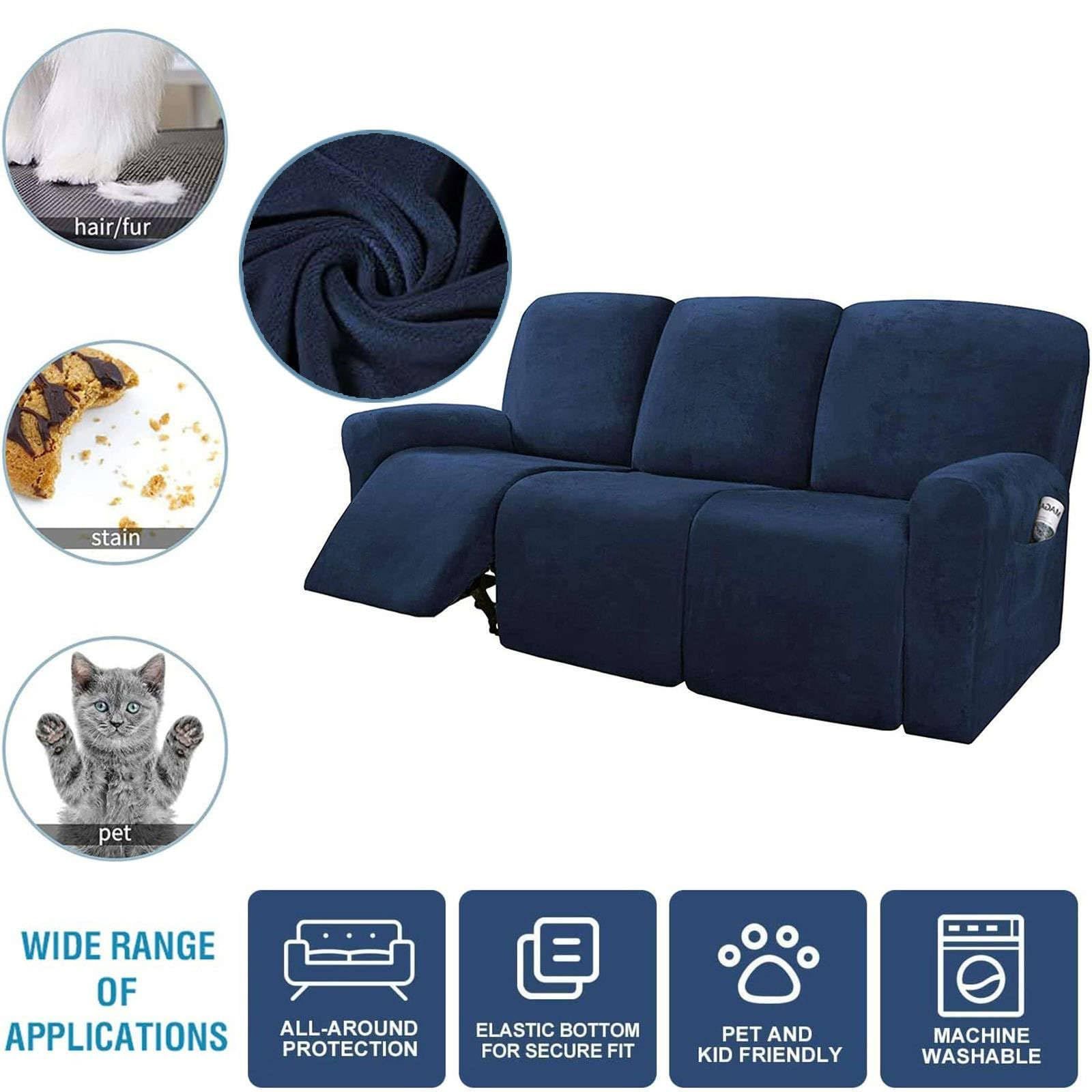 在庫 ストレッチ ベルベット リクライニングソファーカバー 3人掛け 8-分割タイプ 付 サイドポケッ 電動 リクライニングチェア ソファーカバー 滑り止め ソファーカバー に適用する 子 ペット-紺-3人掛け