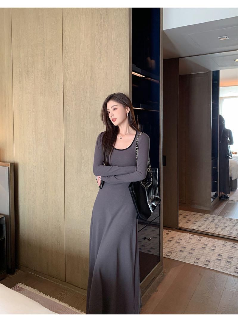 春のお出かけニットロングワンピースコントラスト Uネック長袖