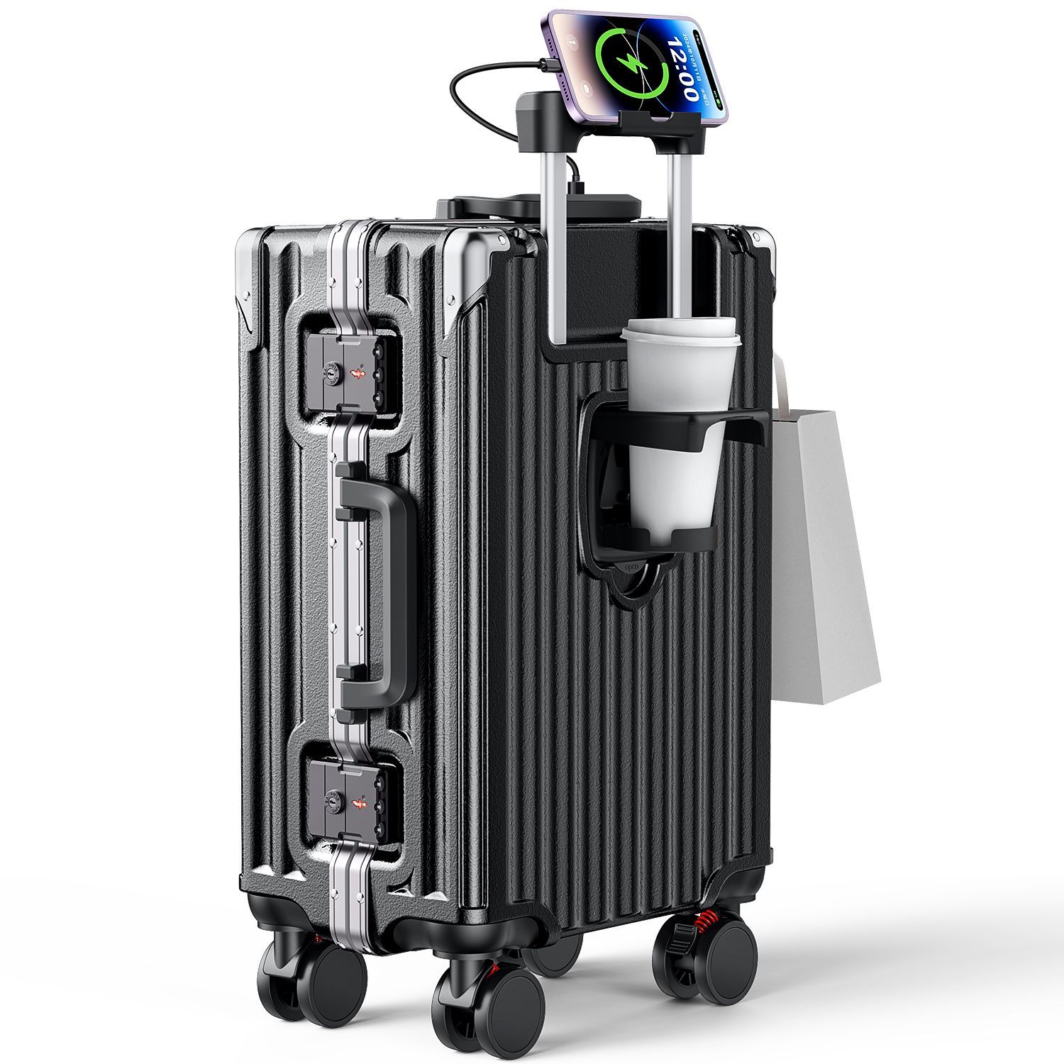 スーツケース ストッパー付き Mサイズ USB充電ポート カップホルダー フレームタイプ 軽量 キャリーケース ダイヤルロック 修学旅行 海外旅行 旅行 BG-801LGX-24