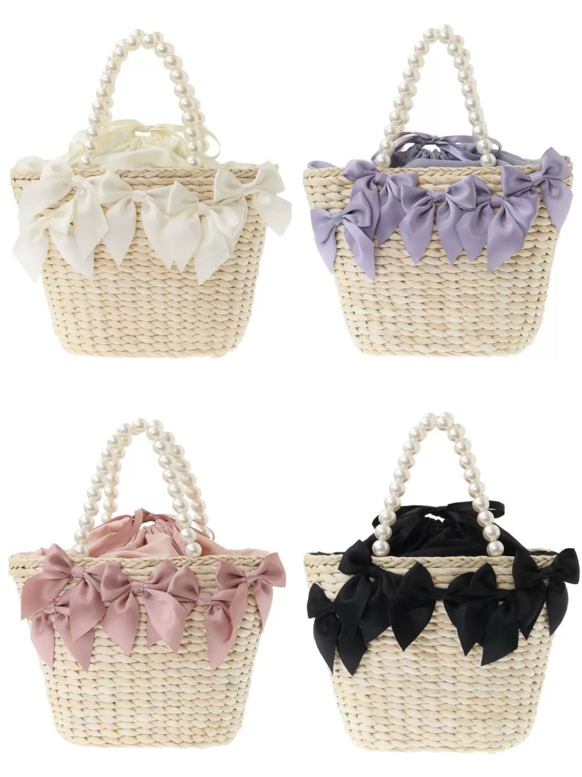 4点 Maison de FLEUR メゾンドフルール リボン付きかごバッグ ハンドバッグ トートバッグ 4月 ｜リボン パール装飾 whit