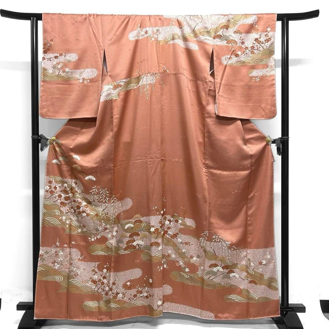 訪問着 金駒刺繍 金彩 梅 松 ヱ霞 鹿の子 紗綾形地紋 着物 105a 訪問着 金駒刺繍 金彩 梅 松 ヱ霞 鹿の子 紗綾形地紋 着物 105a