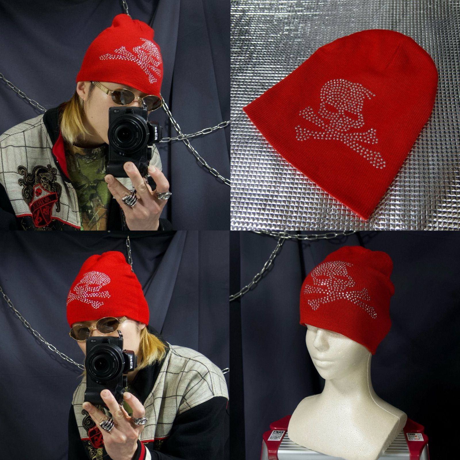 2000s Spice” Skull Rhein Stones Acrylic Knit Cap 00s スカル ラインストーン アクリル ニット帽