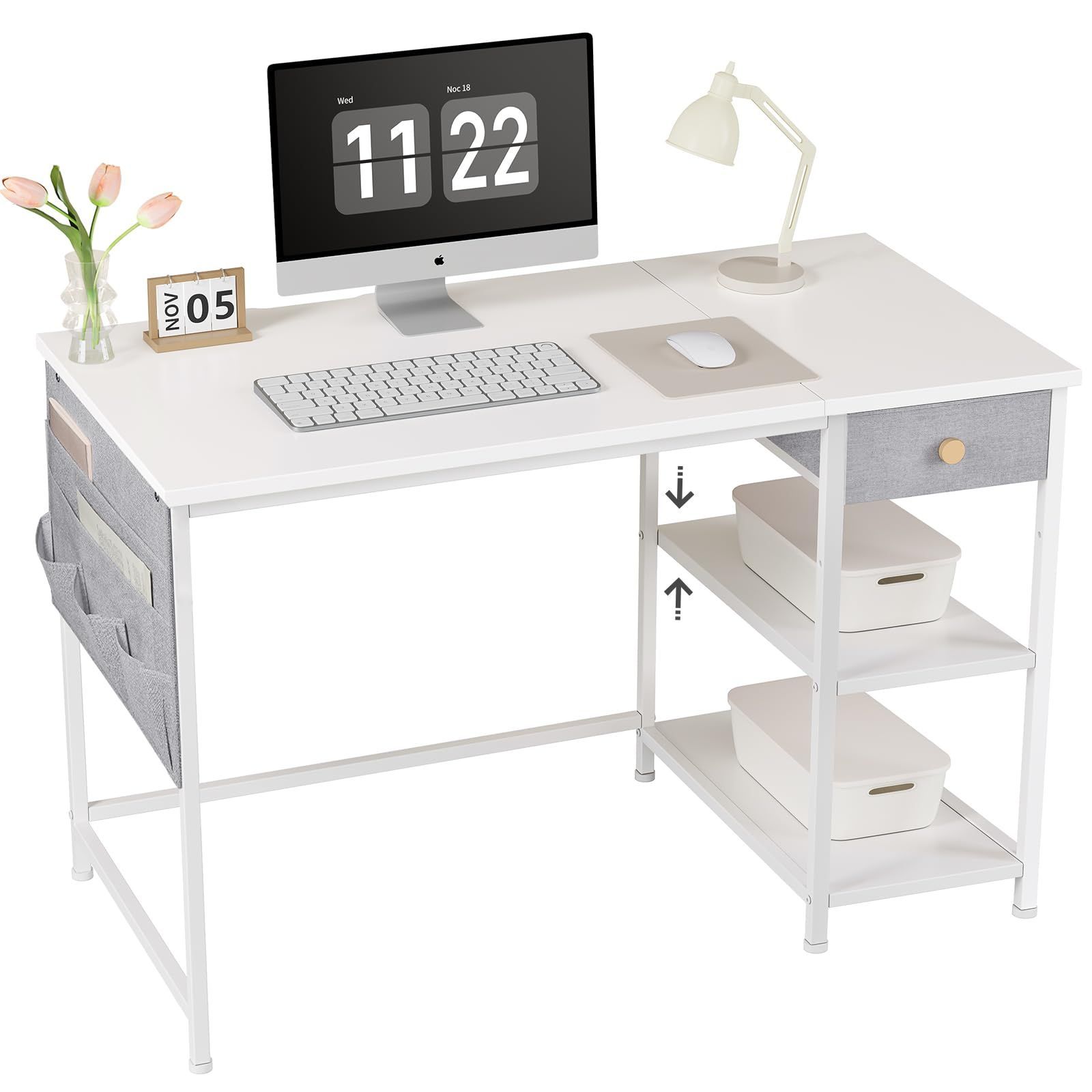 pcデスク パソコンデスク 机 勉強机 大人 つくえ ラック付きデスク 幅120cm×奥行55cm デスク 布製引き出し付き 在宅ワークデスク オフィスデスク 収納ラック 収納袋付き YeTom 学習机 左右入替可 テレワーク 在宅勤務 白い