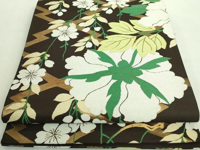 平和屋着物■極上　世界的人形師　辻村寿三郎　ジュサブロー　六通柄袋帯　松皮菱枝垂れ桜　憲法黒茶色地　金糸　逸品　DZAA8789kh5 平和屋着物□極上 世界的人形師 辻村寿三郎 ジュサブロー 六通柄