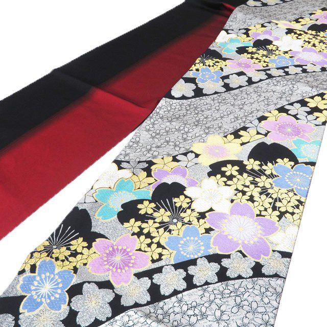 袋帯 振袖用 リサイクル 正絹 クイーンサイズ 仕立て上がり リバーシブル 桜模様 箔糸 黒色 多色 金銀 きもの北條 A1286-19
