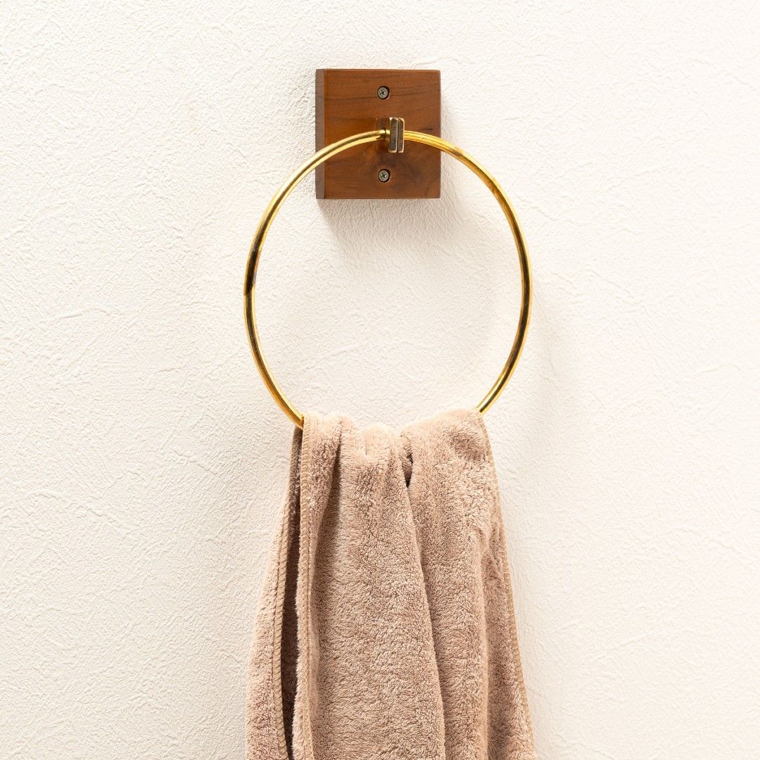 【新品・本州送料無料】ゴールドリングタオルハンガー タオルハンガー  壁に掛けるインテリア ブラウン 天然木 個体差 ウォールハンギング 簡単組み立て W20×D4×H24