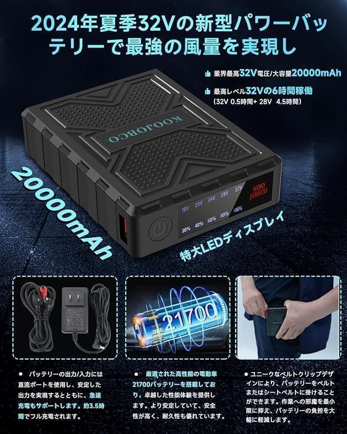 新品 22V 20000mAh ファンバッテリー バートル、風神服使用可