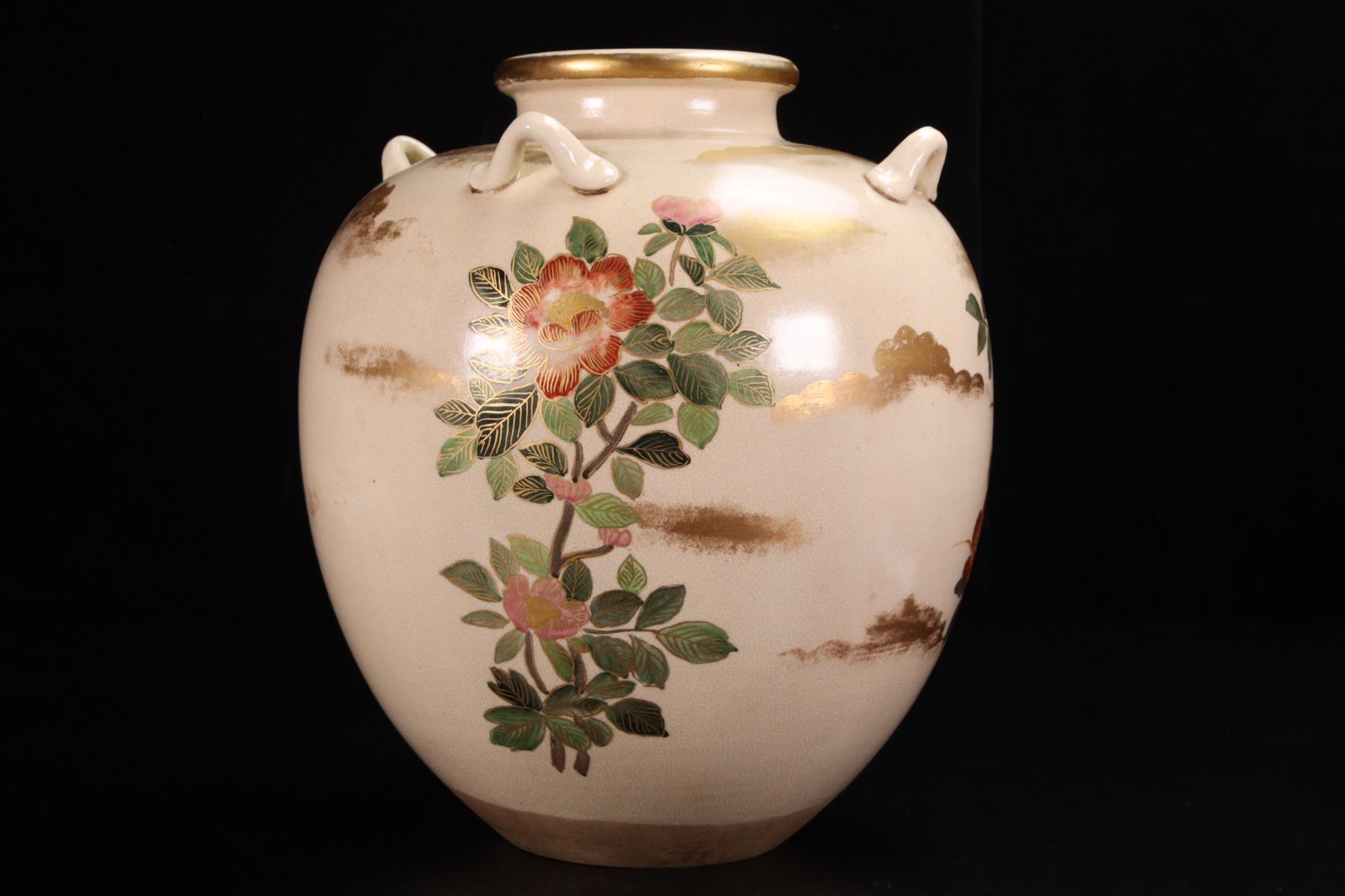 仁清焼 野々村仁清作 色絵金彩竹椿図四耳壷 28.5cm 唐物 骨董 古