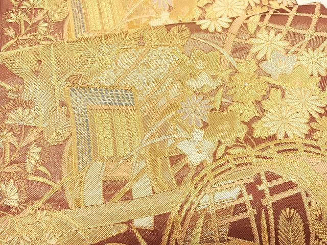 平和屋着物●西陣　川島織物　六通柄　本袋帯　渡橋御所車花文　金銀糸　正絹　逸品　BAAU1863hv 平和屋着物○西陣 川島織物 六通柄 本袋帯 渡橋御所車花文 金銀糸 正絹