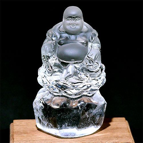 D433-9〕超透明 天然水晶布袋像 布袋様 布袋尊 彫刻 置物 台付き