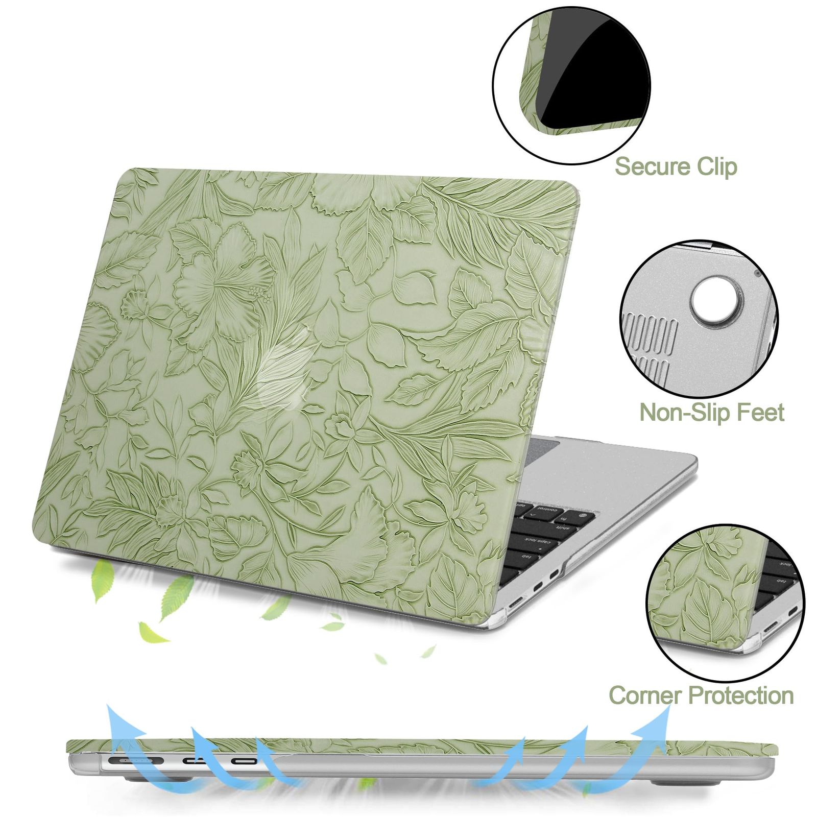iPAPA MacBook Air 13インチケース 2025 2025 2025 リリース M3 A3113 M2 A2681 エレガントな質感のレザーハードシェルケース キーボードカバー MacBook Air 1 グリーンエンボスフローラル CHRISTIANNAURATH_COM_BR