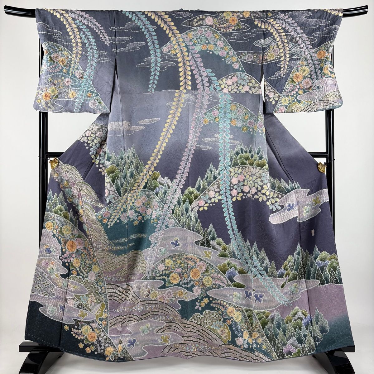 訪問着 身丈161.5cm 裄丈69.5cm L 袷 翠山工房 落款 辻が花 霞 金銀彩 染め分け 灰紫 正絹