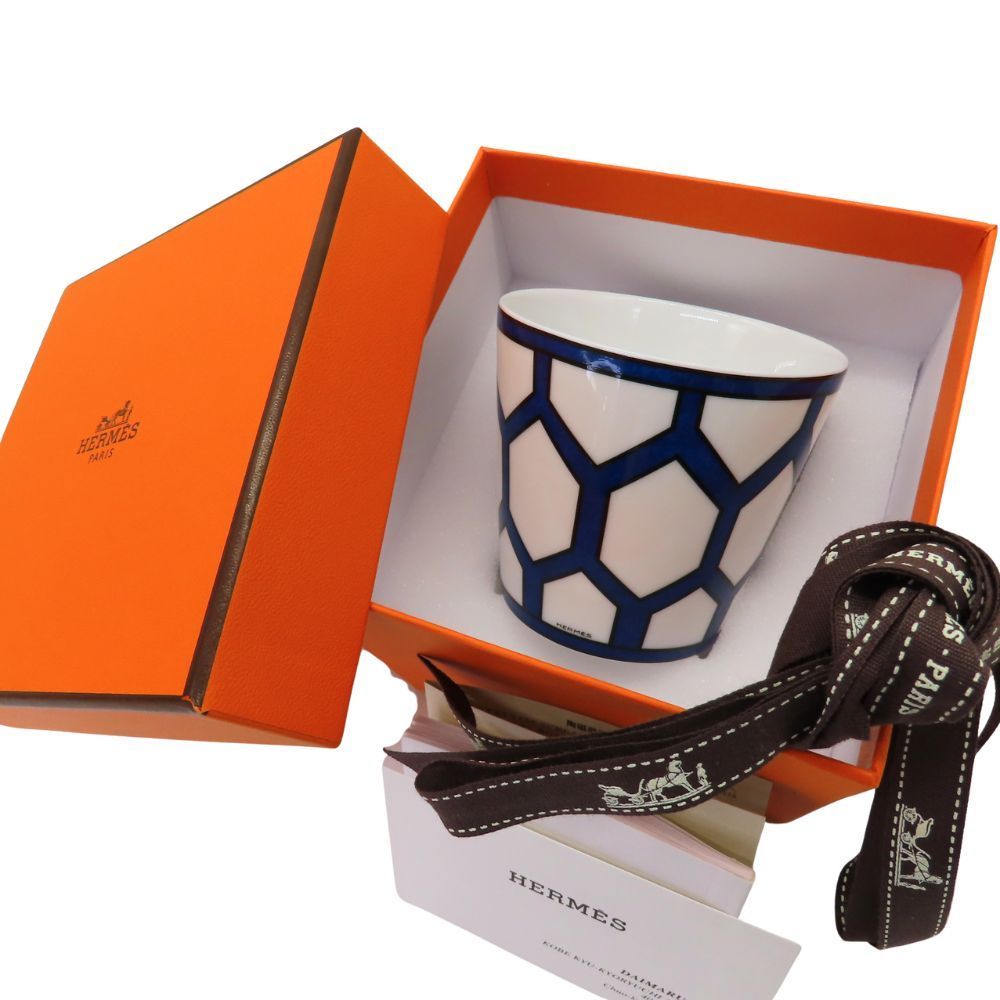 【中古】HERMES エルメス キャンドルカップ ブルーダイユール 白×紺 陶器 汽車刻印 W11 海外限定 テーブルウェア A2500809  【無料ギフトラッピング承ります】