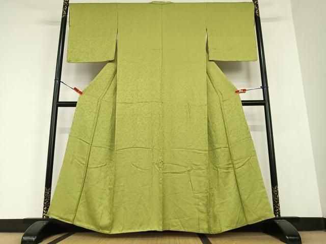 平和屋着物●上質な色無地 南天地紋 鶯色 やまと誂製 正絹 AABC0085zg