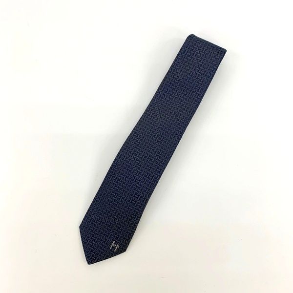 HERMES エルメス ネクタイ シルクタイ 7cm テール ドゥ H フランス製 総柄 き ビジネス 二次会 カジュアル メンズ ブルー系 服飾 DF16971