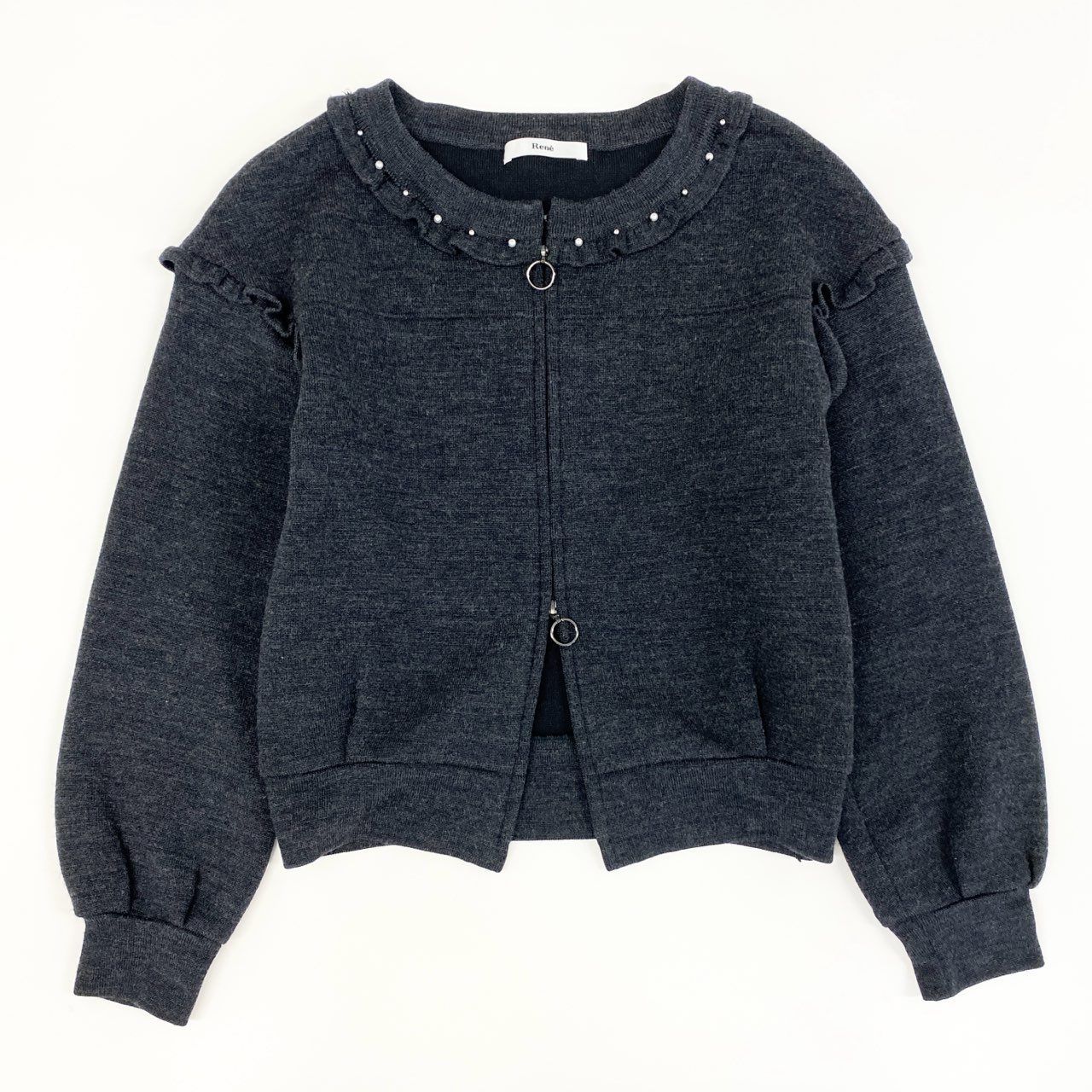 美品★René /ルネ リブニット カーディガン 襟付き パールボタン 36 S 美品☆René /ルネ リブニット カーディガン 襟付き パールボタン 36 S