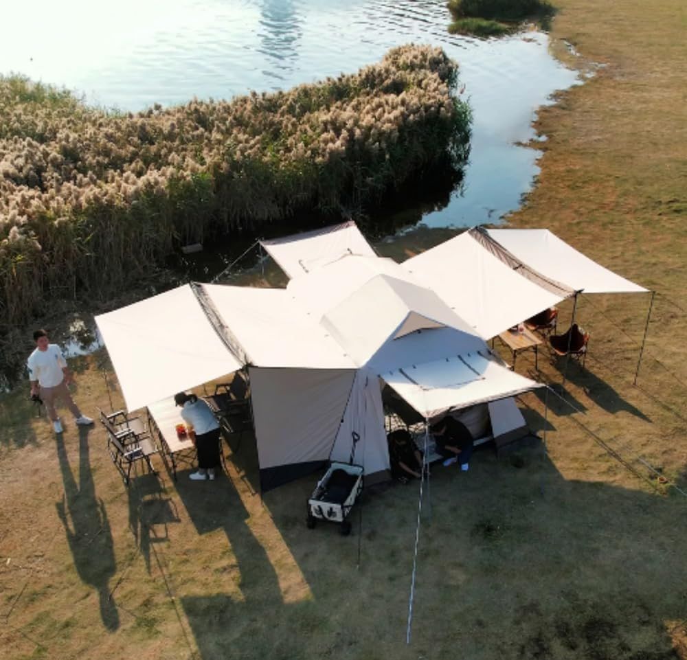  キャノピーテント グループキャンプ用 ファミリー 二重層 格子窓 大面積タープ付き アルミ製骨組み 99 9％紫外線防止 耐水圧5000 mm 黒UVカット加工 4 6 8 12人用 大型ワンタッチテント Outdoor Fengzel キャンプテント テント シェルター