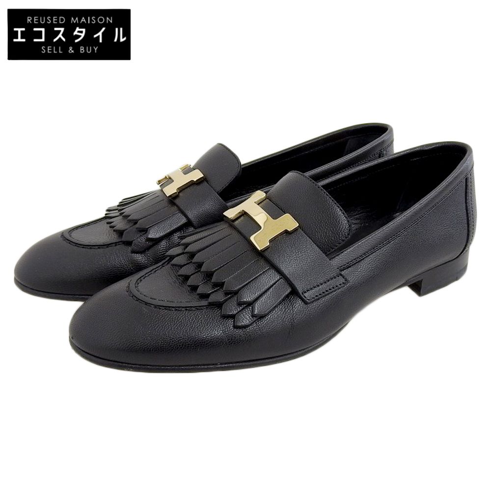 HERMES エルメス モカシン ロワイヤル シェーヴル G金具 Hモチーフ フリンジ レザー ローファー シューズ レディース 黒 36 H192203Z 36