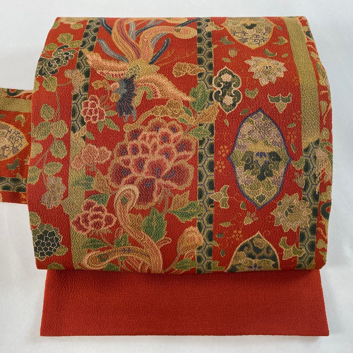 名古屋帯 山岡古都 竹垣に丸紋模様 落款有り 長尺 ロングサイズ 全通