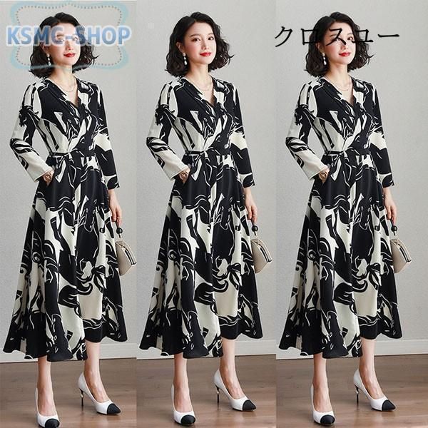 ワンピース レディース 40代 春秋 長袖 きれいめ 上品 マキシワンピース ロング丈 シフォン 花柄 大きいサイズ パーティードレス 韓国風 おしゃれ 通勤 着痩せ