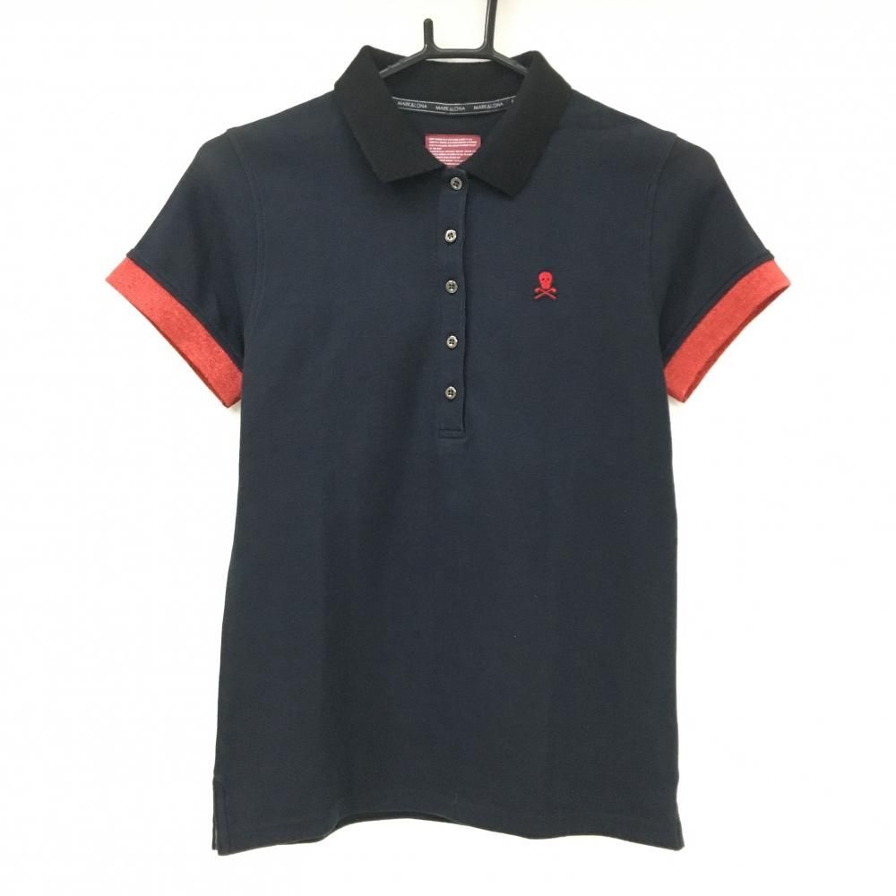 超 マークアンドロナ 半袖ポロシャツ 黒 襟裏 袖口ラメレッド スカル レディース M ゴルフウェア MARK＆LONA
