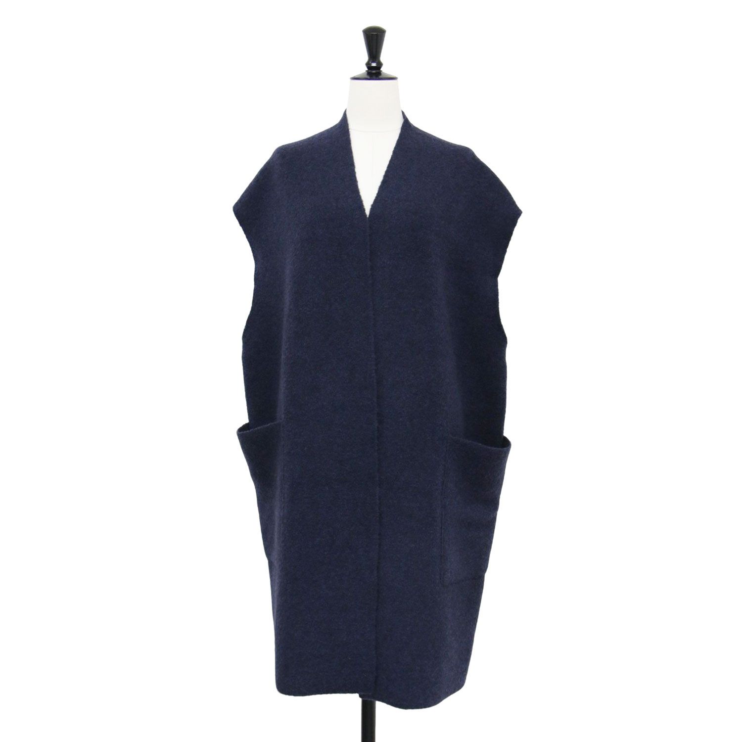 GALERIE VIE ギャルリー ヴィー ジレ ネイビー 紺 サイズ 24秋冬 ブークレダブルフェイス ミドルジレ ベスト ニット ミドル丈 ポケット ボタンレス トップス セーター レディース